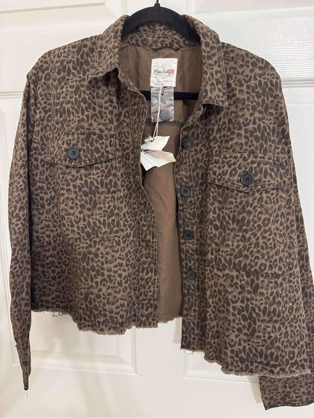 Miss Selfie Brown Leopard-Print Cropped Jean Jacket